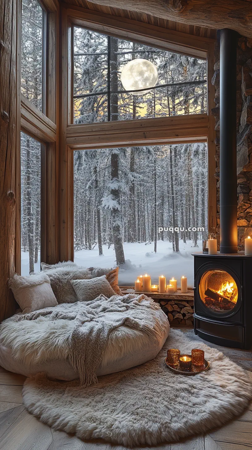 Cozy interior of a cabin with a round bed covered in soft blankets, a wood-burning stove, and candles, overlooking a snowy forest through large windows.