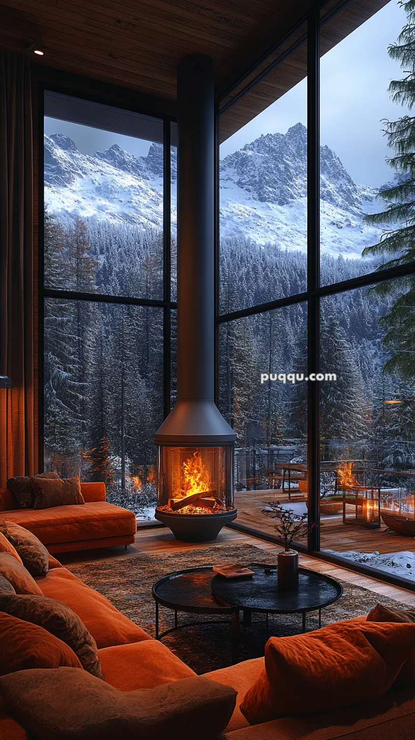 Cozy living room with a modern fireplace, large windows revealing a snowy mountain landscape.