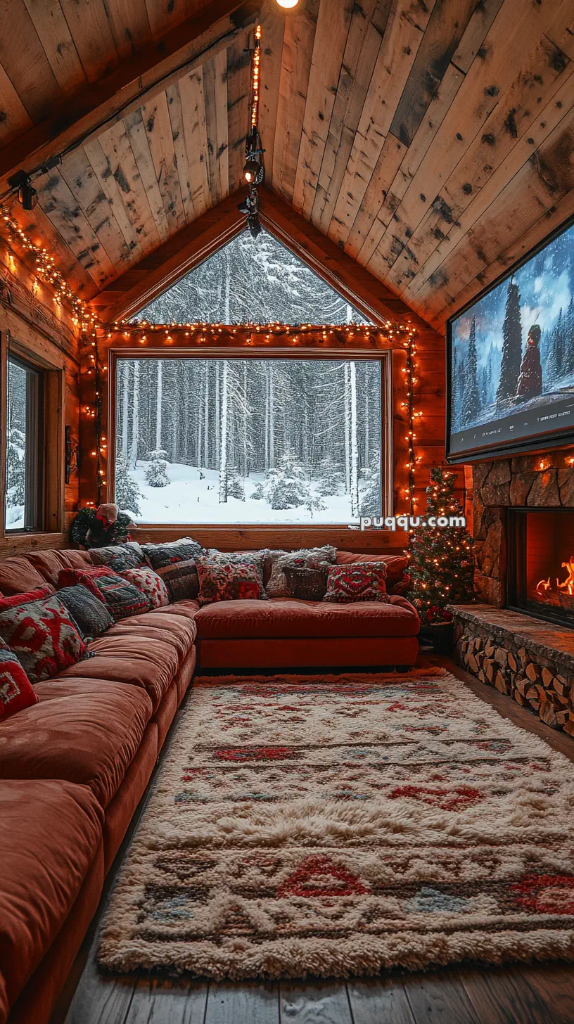 Cozy cabin interior with a large window overlooking a snowy forest, a red sectional sofa with patterned pillows, a fireplace, a Christmas tree, and soft lighting.