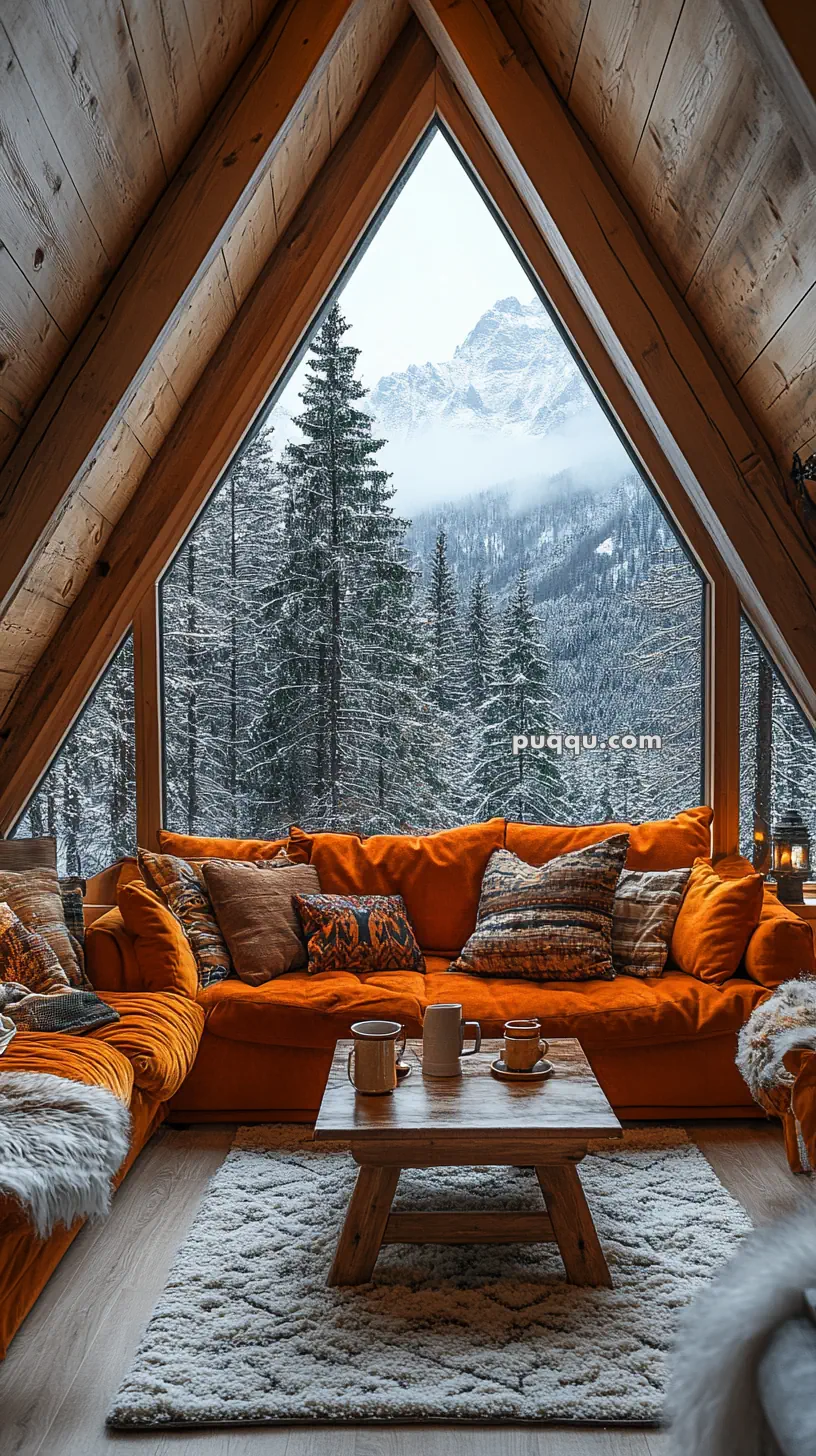 Cozy cabin interior with an orange sofa, wooden coffee table, and large triangular window showcasing a snowy mountain view.