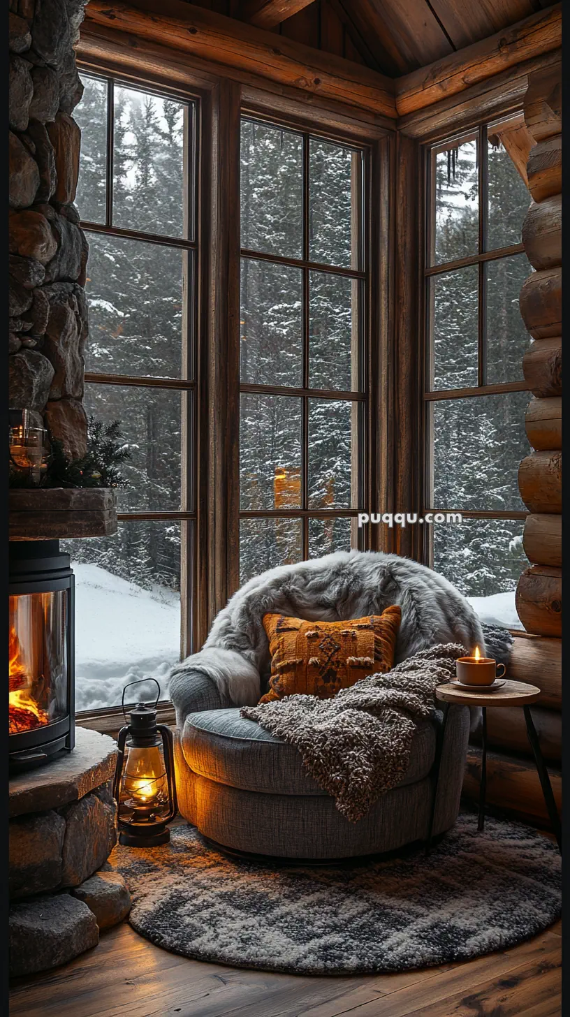 Cozy cabin interior with a round chair, furry blanket, and patterned pillows by a window overlooking a snowy forest; a lit fireplace and lantern add warmth.