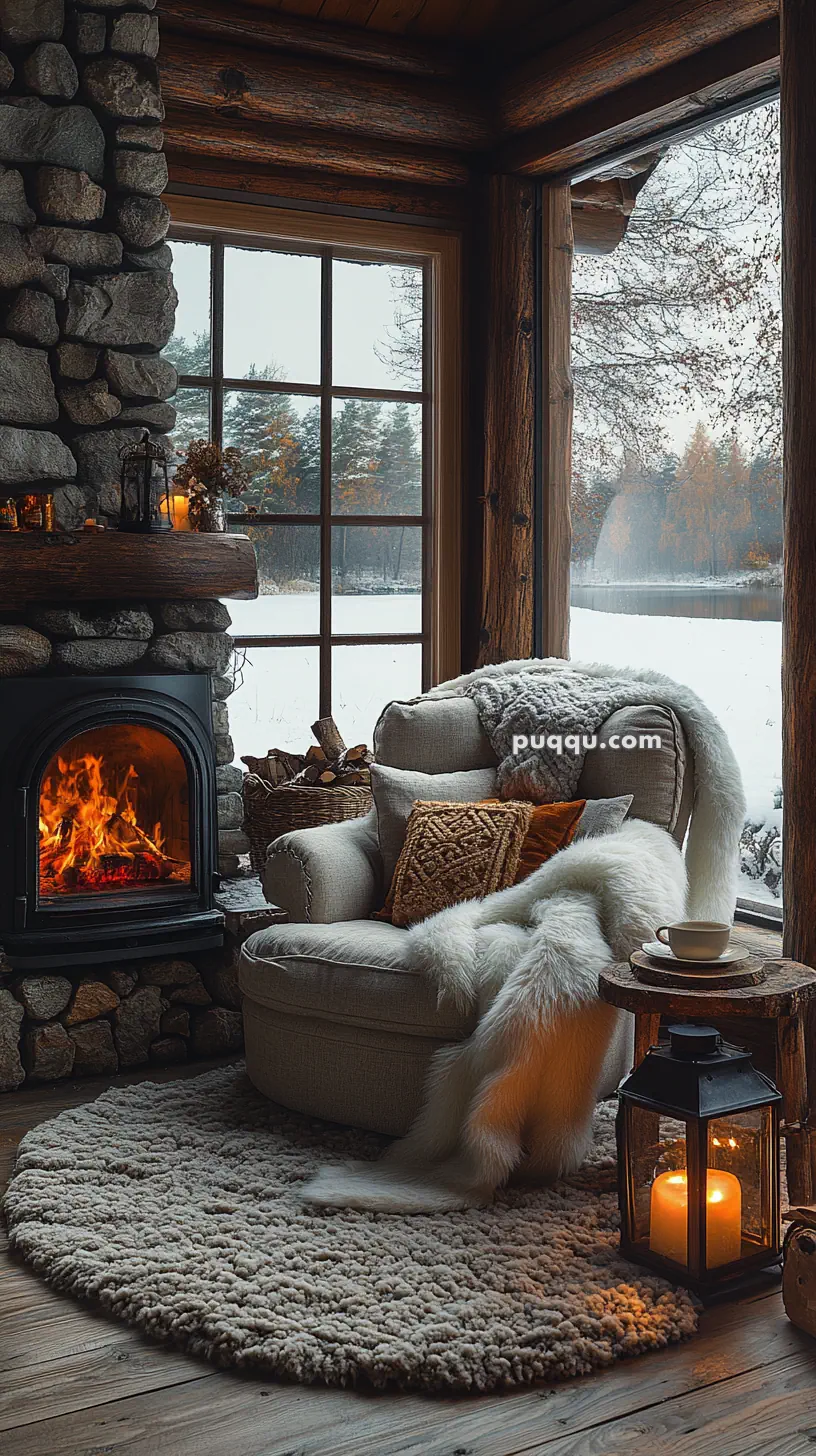 Cozy room with a stone fireplace, a burning fire, a plush chair with a throw and pillow, a small table with a coffee cup, and a window view of a snowy landscape.