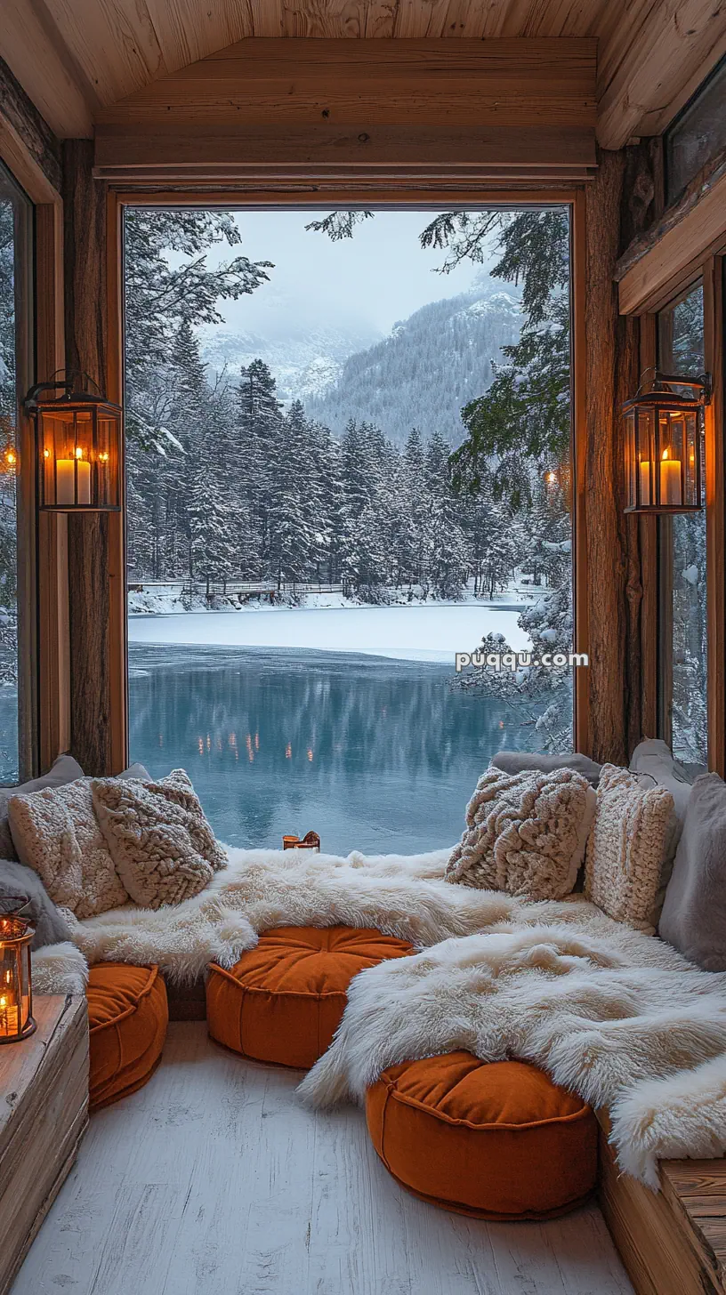 Cozy seating nook with fur throws and orange cushions overlooking a snowy landscape and a frozen lake through large windows.