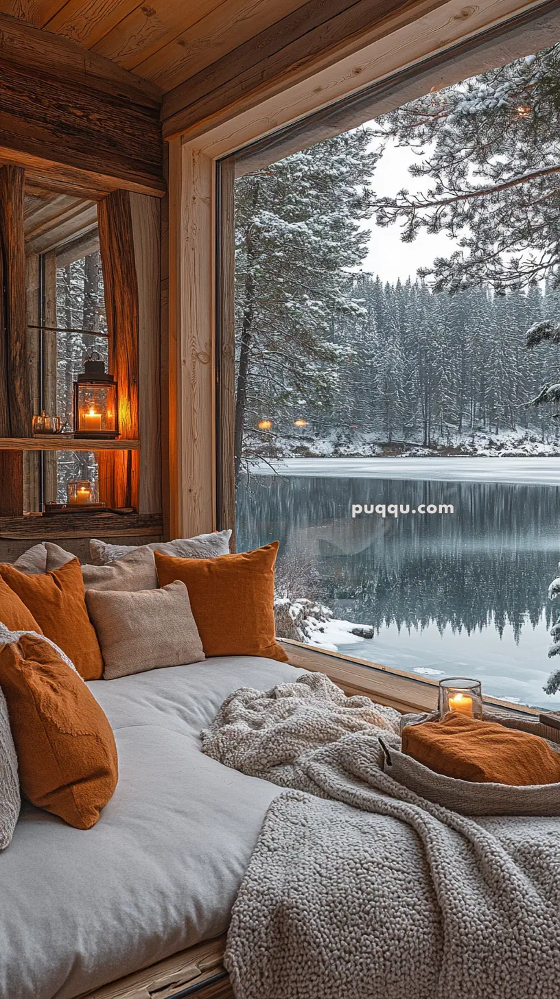 Cozy nook with cushions and blanket near a large window overlooking a snowy forest and lake.