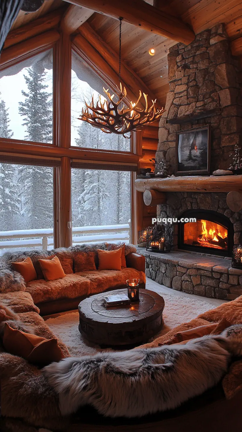 Cozy log cabin living room with a stone fireplace, large windows showing a snowy forest, a fur-covered sofa, and a rustic chandelier.