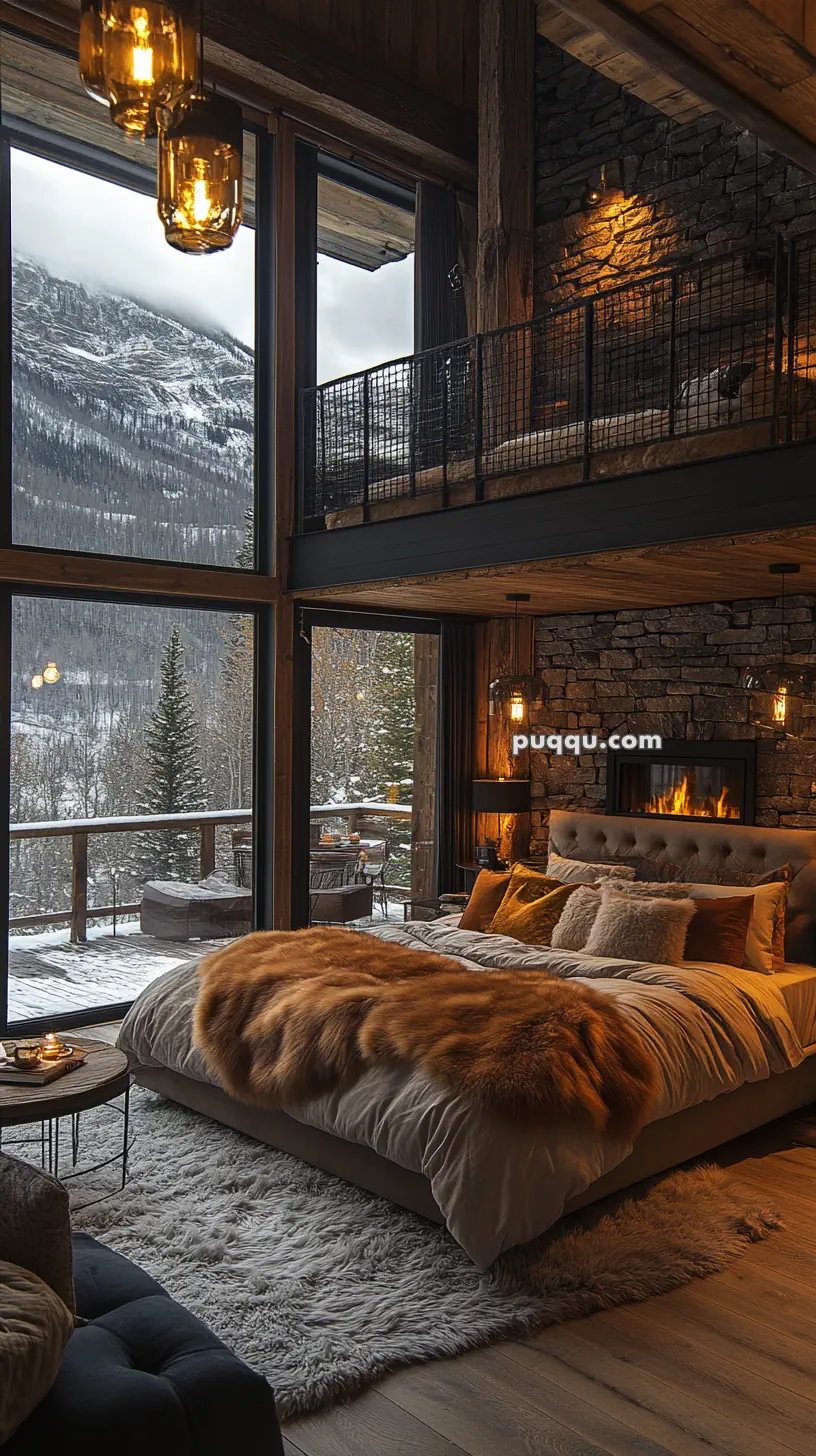 Cozy cabin bedroom with a fireplace, large windows overlooking snowy mountains, and warm lighting.