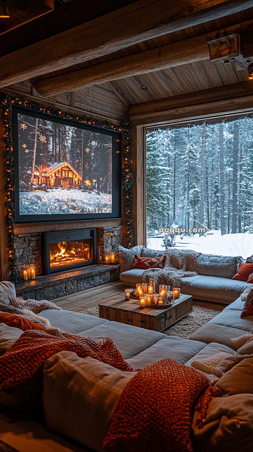 Cozy cabin interior with a large fireplace, candles, and a screen showing a snowy cabin scene; large window reveals a snowy forest outside.