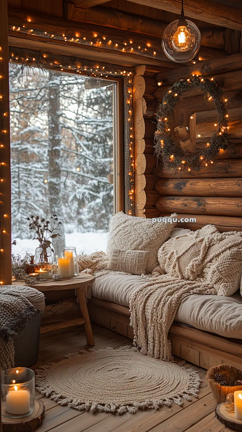 Cozy cabin interior with a window view of snow-covered trees, featuring a cushioned bench, knitted throw blankets, lit candles, a wreath with lights, and warm string lights along the window frame.