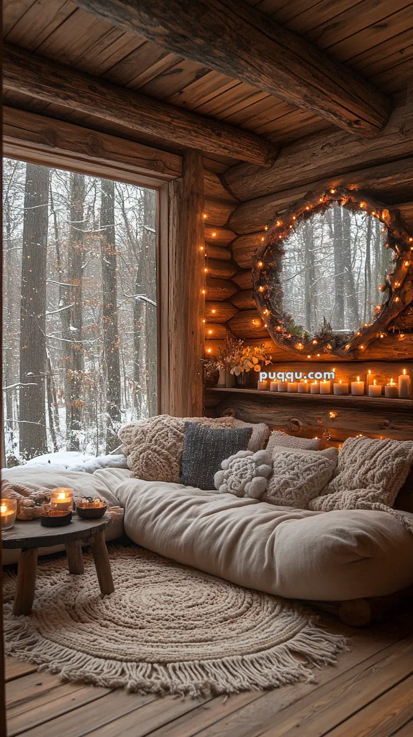 Cozy log cabin interior with a large window showing a snowy forest, a comfortable seating area with plush cushions, a circular rug, lit candles on a wooden table, and a decorated mirror with string lights.