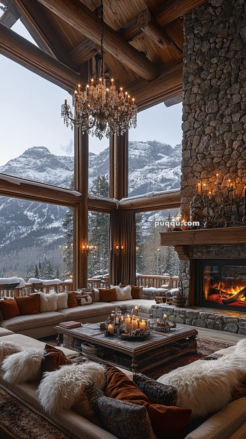 Luxurious mountain lodge interior with large windows showing snowy mountains, featuring a cozy seating area, a stone fireplace, and a chandelier.