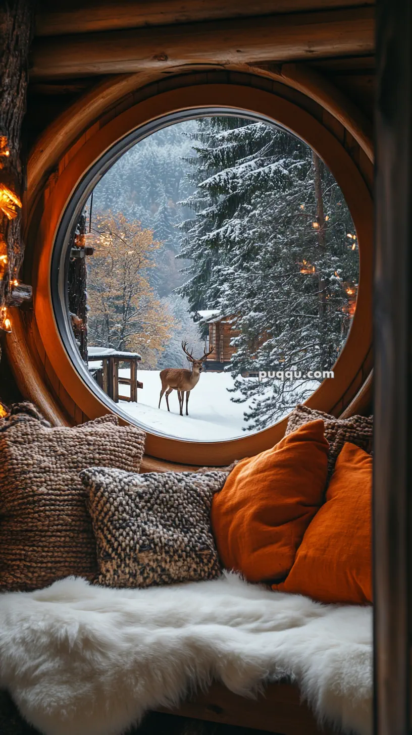 Cozy interior view through a round window with a snowy forest and a deer outside.