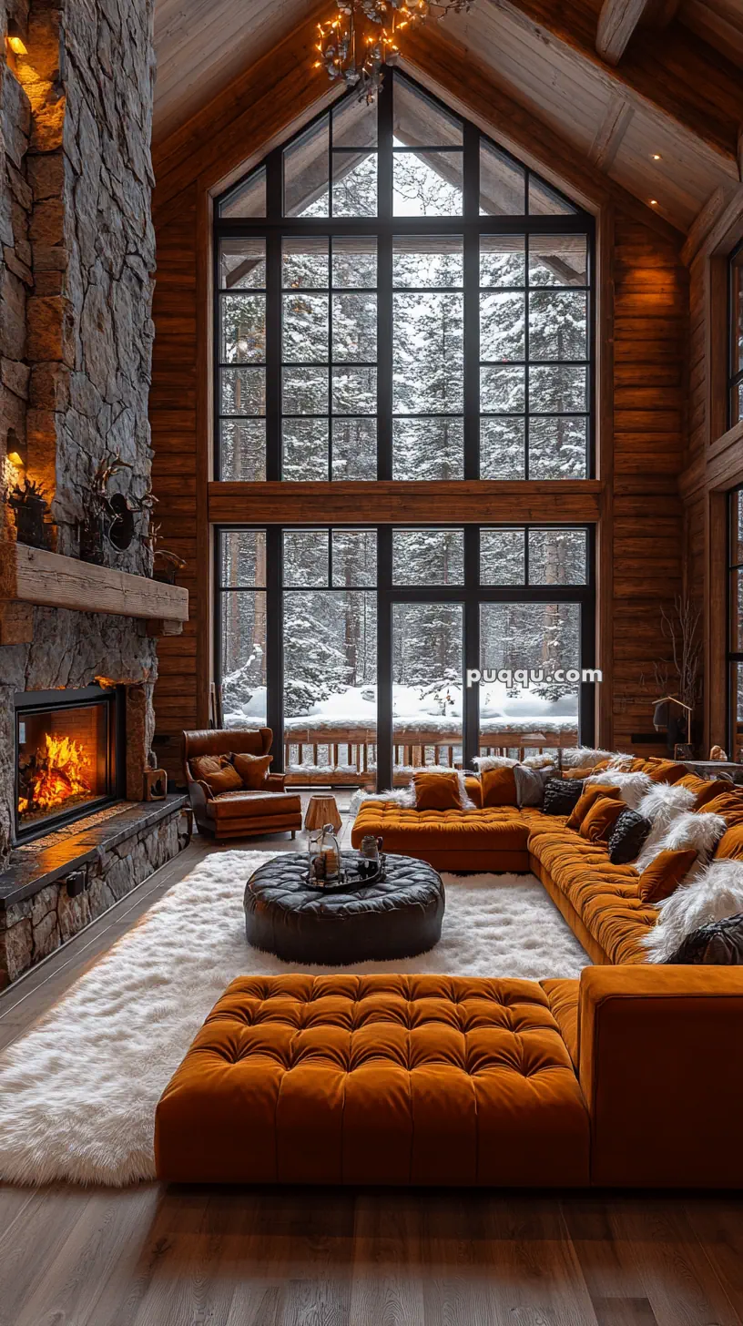 Cozy cabin interior with large windows showcasing a snowy forest view, featuring a stone fireplace, plush orange sectional sofa, and dark ottoman on a fluffy white rug.