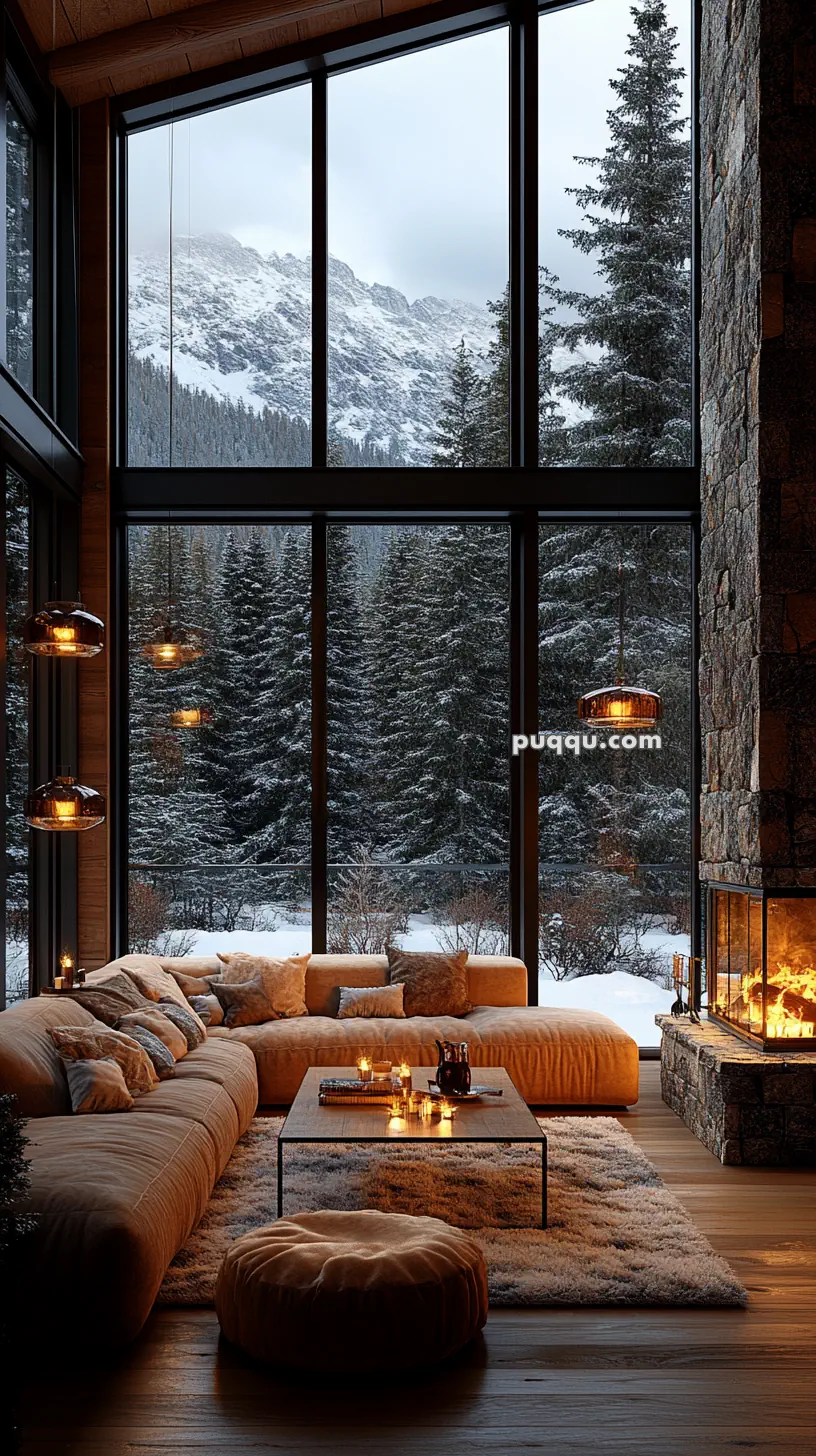 Cozy living room with large windows, a view of a snowy forest and mountains, featuring a sectional sofa, soft lighting, and a stone fireplace.