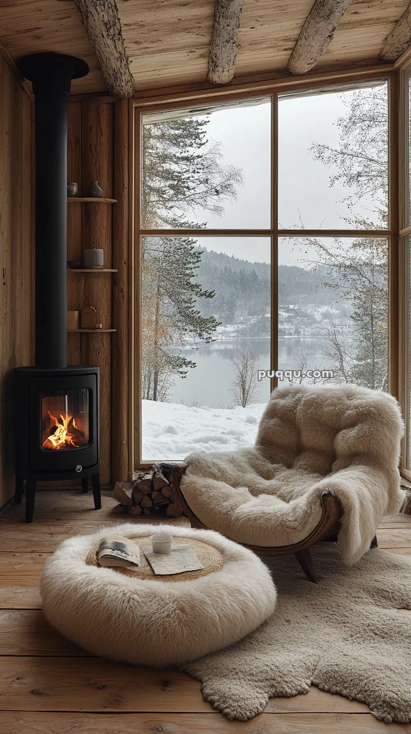 Cozy cabin interior with a wood-burning stove, fluffy chair, and large window overlooking a snowy landscape.