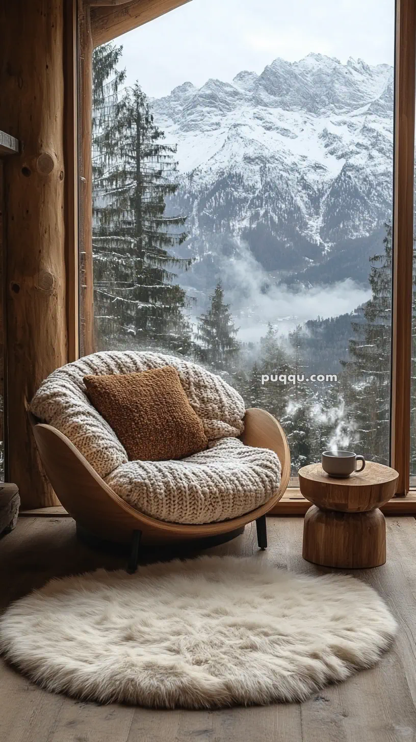 Cozy chair with a fluffy blanket and pillow by a large window overlooking snowy mountains and trees, with a small wooden table holding a steaming cup nearby.