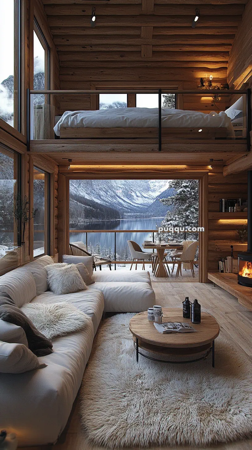 Cozy log cabin interior with large windows, a loft bed, a white couch, a round coffee table, and a fireplace, overlooking a snowy mountain lake view.