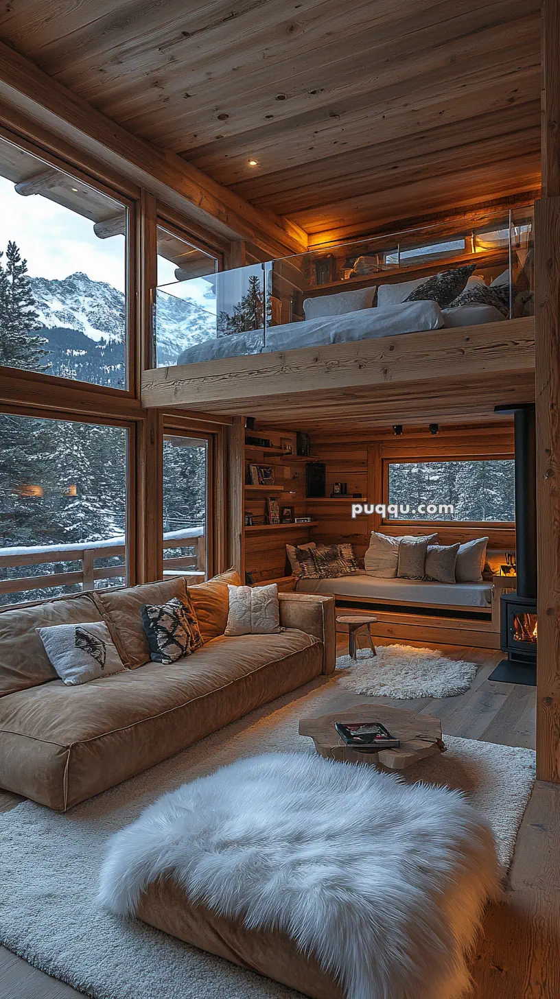 Cozy wooden cabin interior with large windows, a loft bed, a sectional sofa, and a fireplace, surrounded by a snowy mountain landscape.