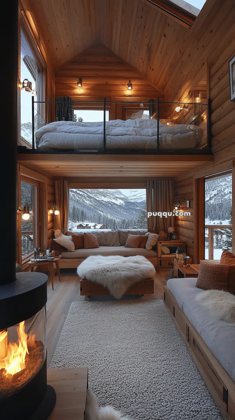 Cozy log cabin interior with a modern fireplace, large windows overlooking snowy mountains, and a loft bed.