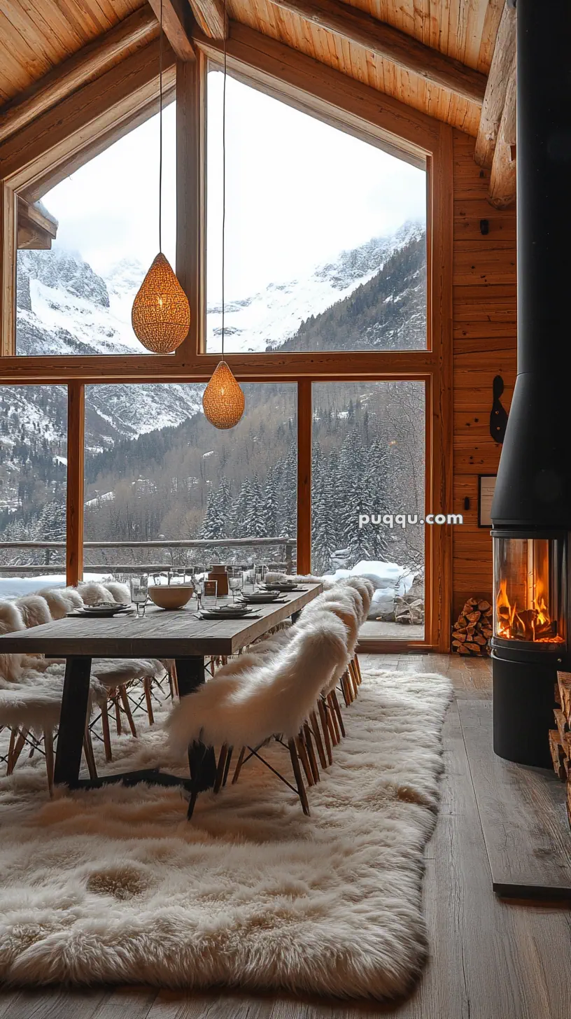 Cozy interior of a log cabin with large windows showcasing snowy mountain views, a long dining table with fur-covered chairs, and a fireplace.