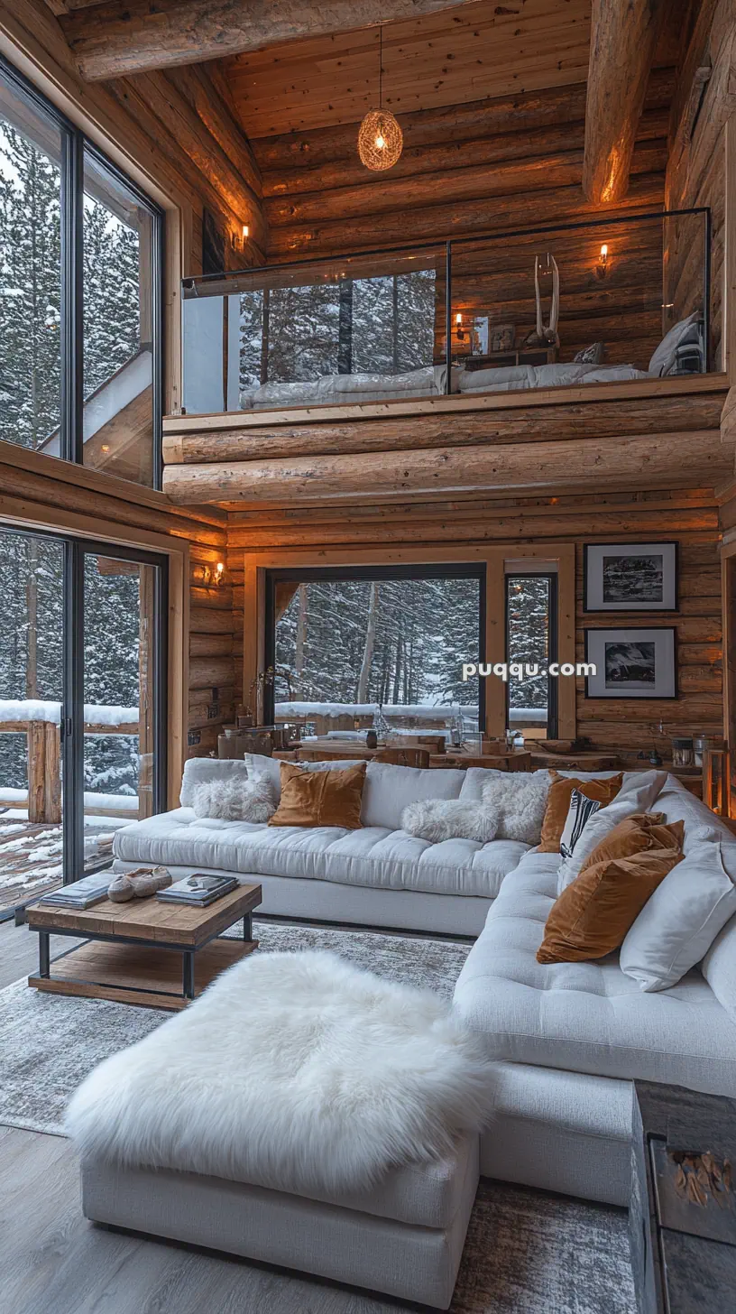 Cozy log cabin interior with a plush white sectional sofa, fur throw, wooden coffee table, and large windows overlooking a snowy forest.