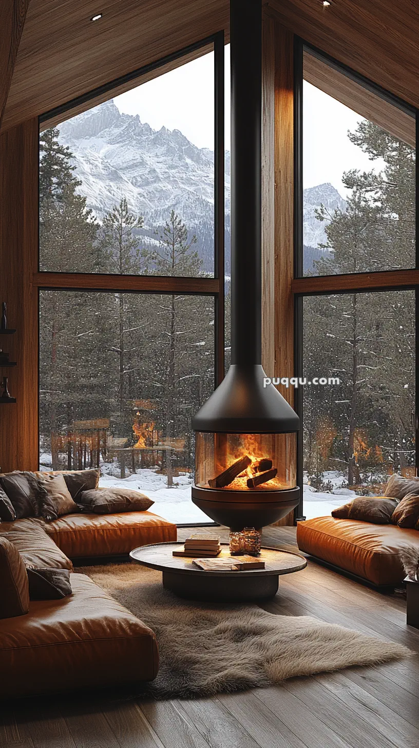 Cozy living room with a central fireplace, leather seating, a plush rug, large windows, and a snow-covered mountain view.