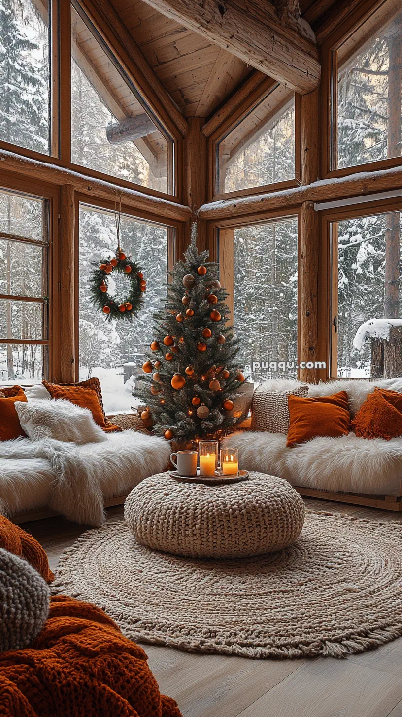 Cozy living room with a Christmas tree, snowy window views, warm orange and white cushions, and candles on a pouf.