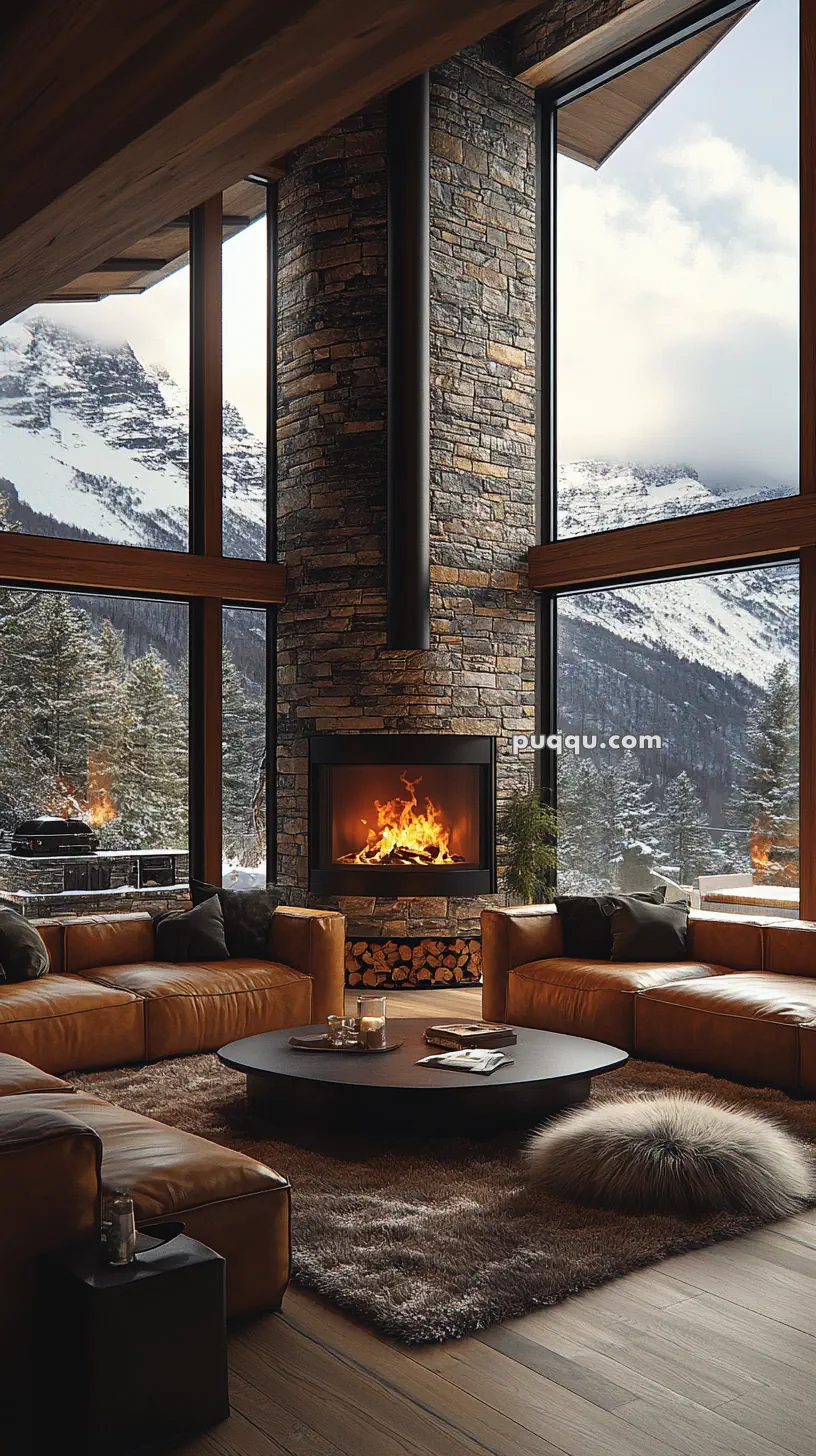 Cozy living room with large windows, a stone fireplace, leather couches, a furry rug, and a mountain view outside.