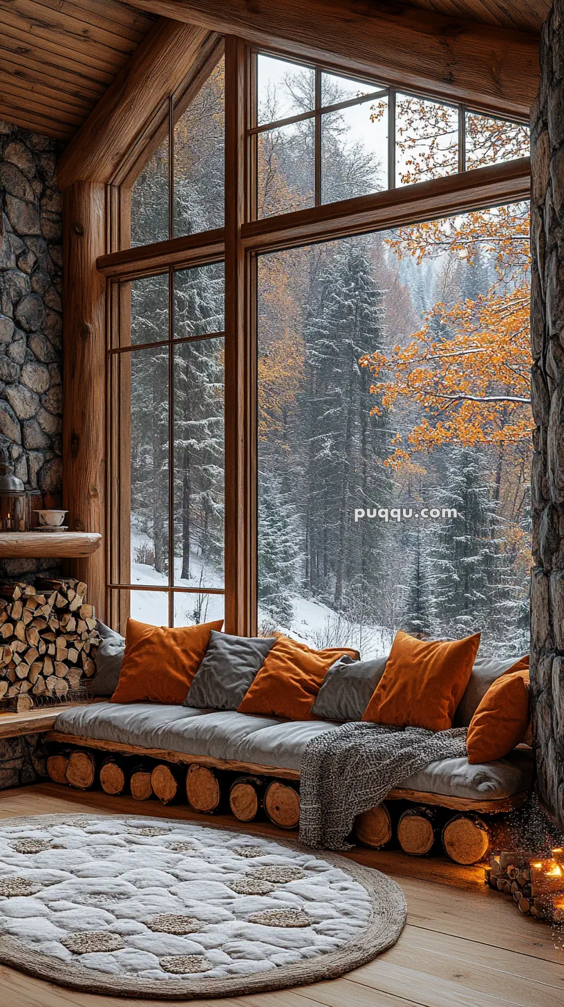 Cozy cabin interior with a large window overlooking a snowy forest, featuring a stone wall, firewood, a gray and orange cushioned couch, and a round textured rug.