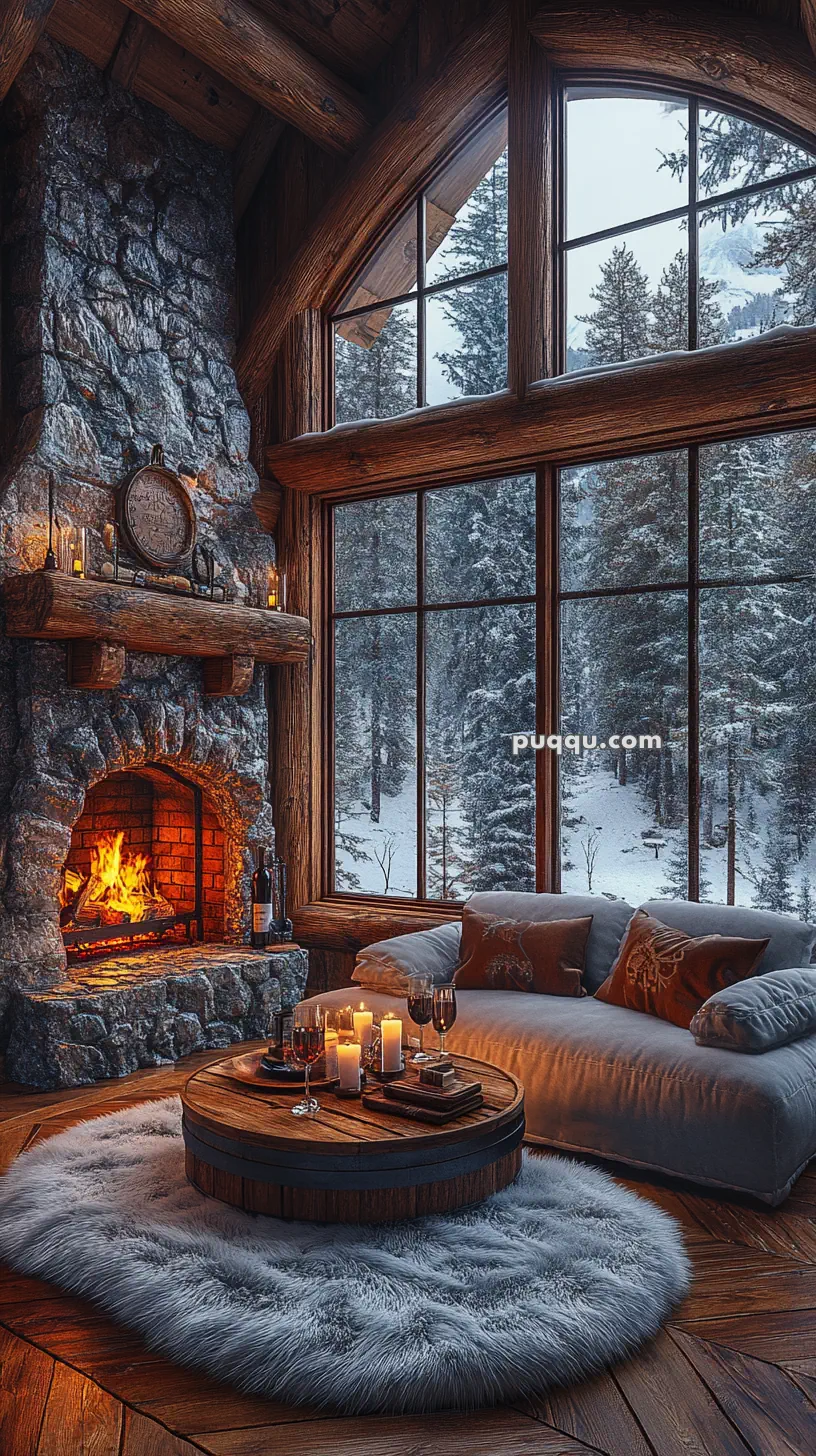 Cozy cabin interior with a stone fireplace, large windows showing snowy forest, a round wooden table with lit candles and wine glasses, and a plush sofa and rug.