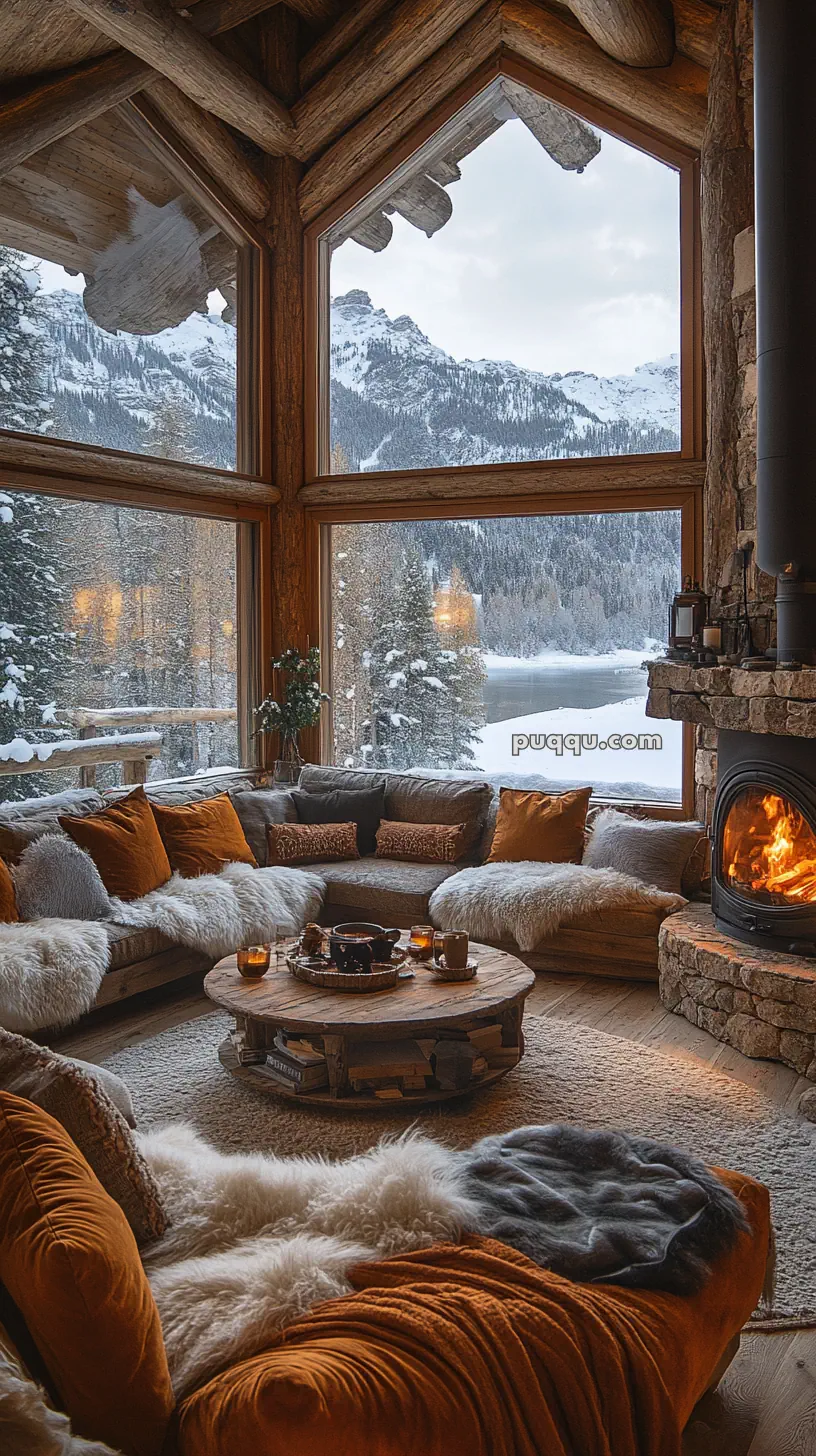 Cozy cabin interior with a stone fireplace, large windows showing snowy mountains, a sectional sofa with cushions and throws, and a wooden coffee table with candles.