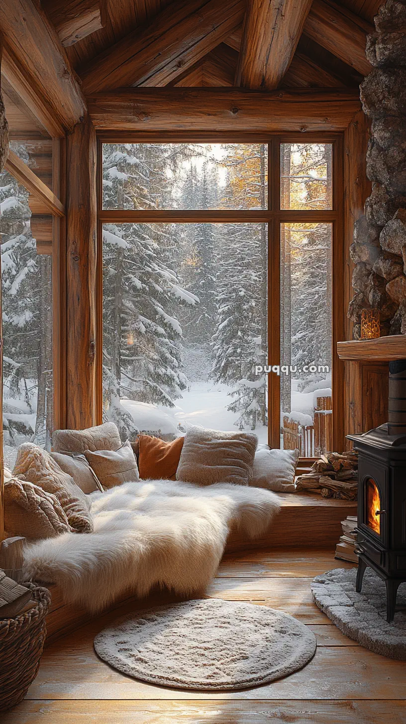 Cozy cabin interior with a large window view of a snowy forest, cushioned seating area, and a wood-burning stove.