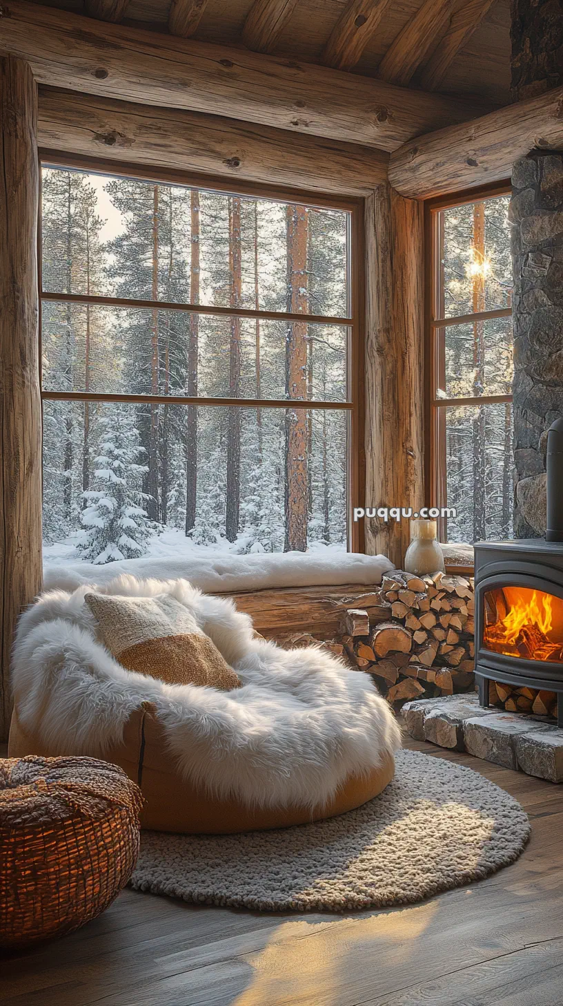 Cozy cabin interior with a fluffy chair, a pillow, a basket on the floor, and a fireplace. Large windows reveal a snowy forest outside.