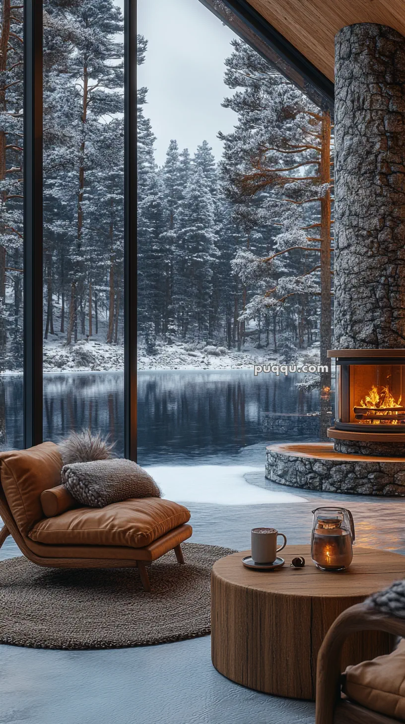 Cozy living room with a leather chair and a firepit overlooking a snowy forest and a frozen lake through large windows.