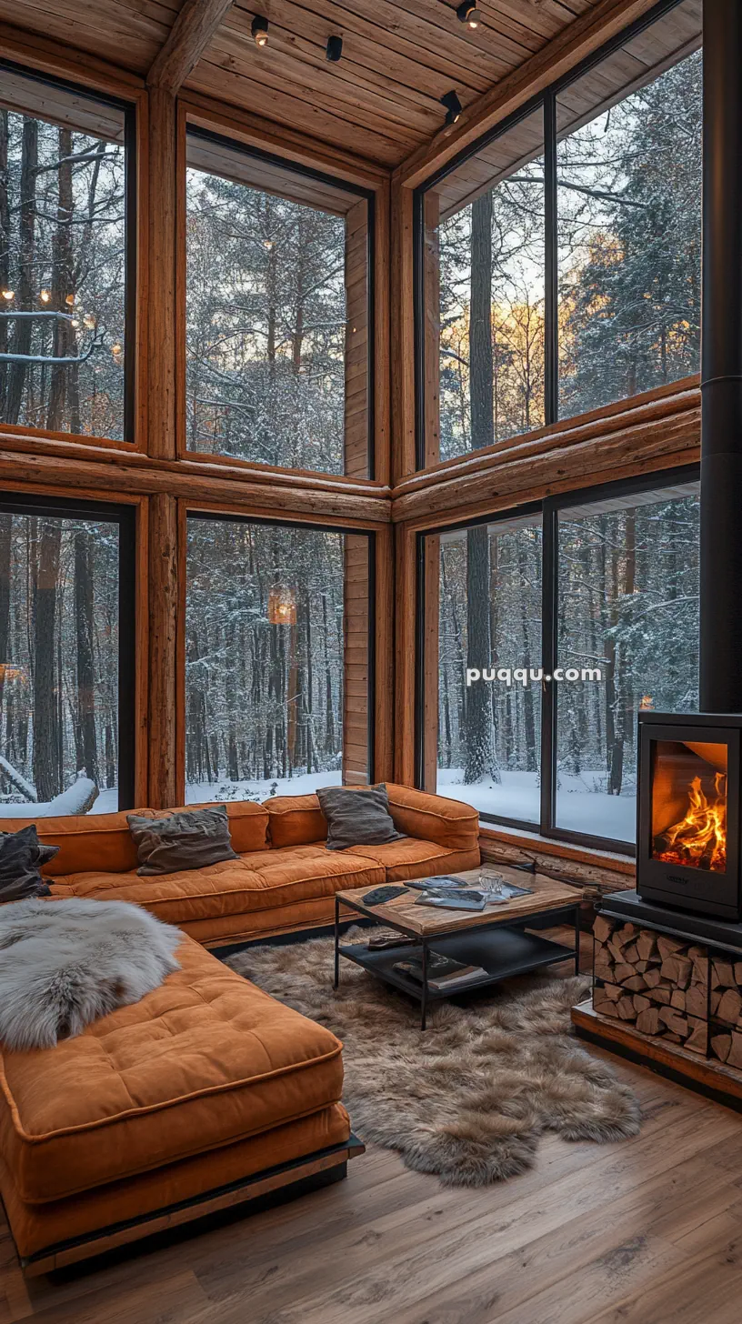 Cozy living room with large windows overlooking snowy forest, featuring an orange sectional sofa, fluffy rug, and a fireplace with stacked wood.