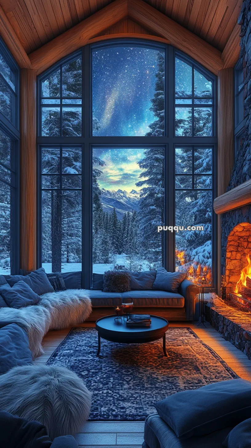 Cozy cabin interior with a fireplace, large windows showcasing a snowy forest and starry sky.