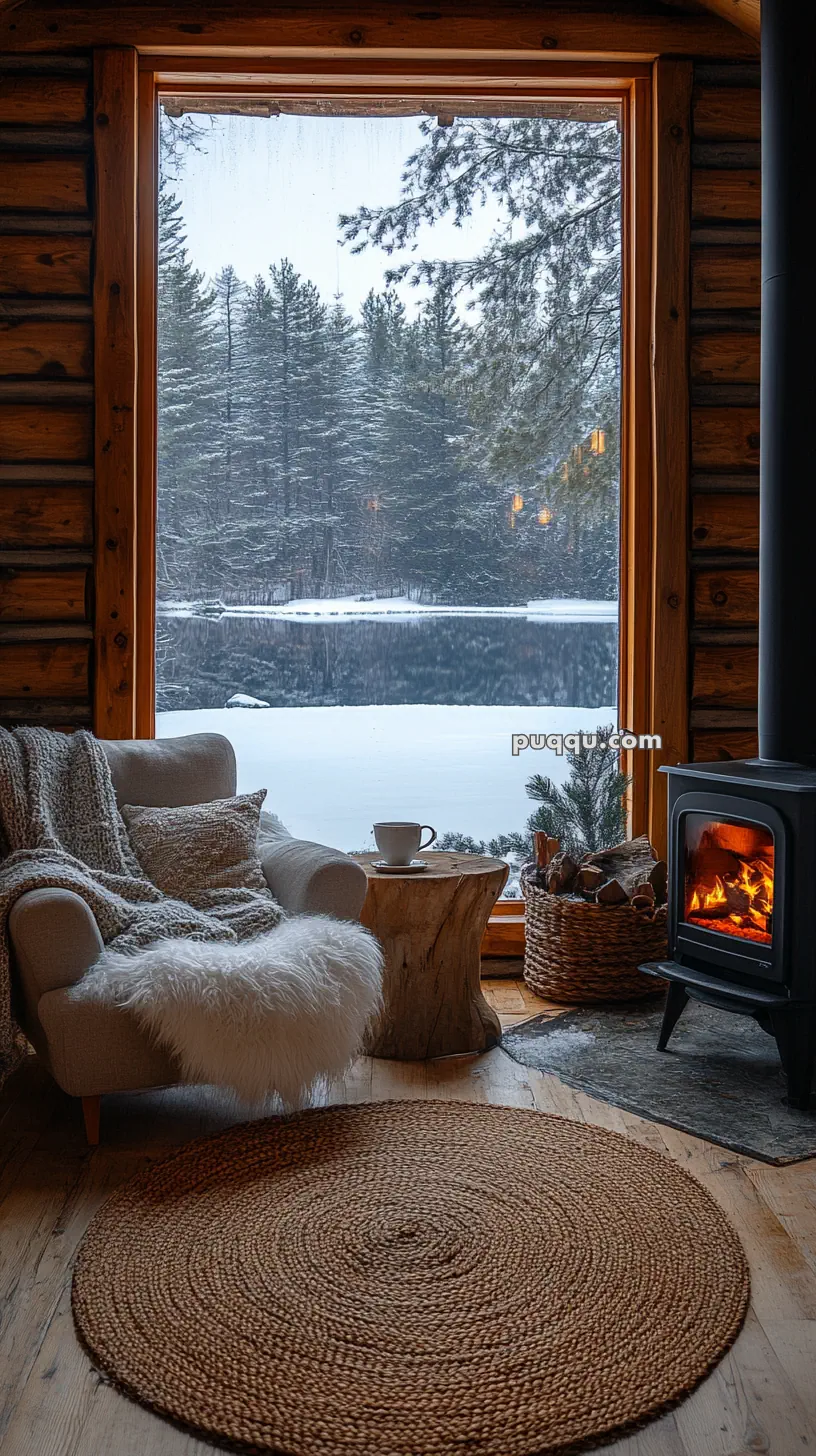 Cozy room with a warm fireplace, a comfortable chair, blanket, and a view of a snowy forest through a large window.