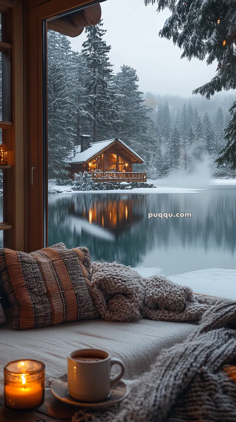 Cozy cabin interior with a cup of coffee and knitted blanket, overlooking a snowy lake and log cabin through a large window.