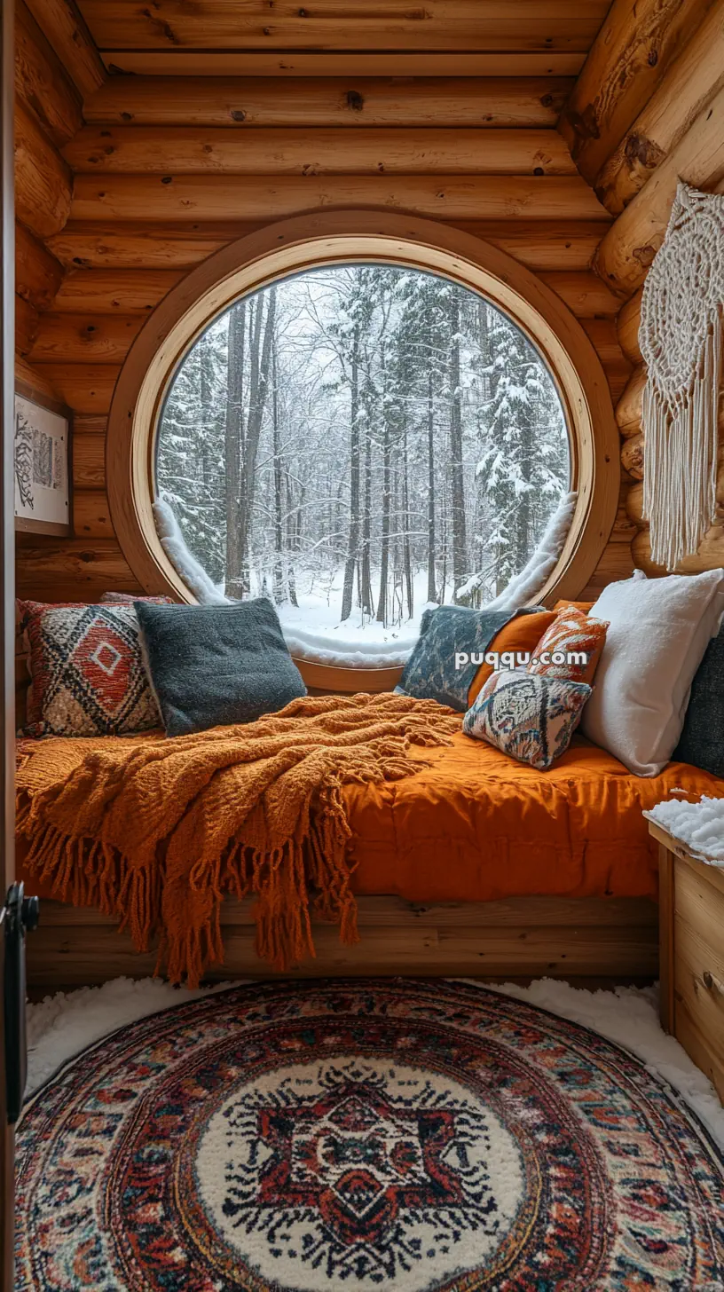 Cozy log cabin interior with a circular window view of a snowy forest, featuring a cushioned bench with colorful pillows and a knitted blanket, and a decorative round rug on the floor.