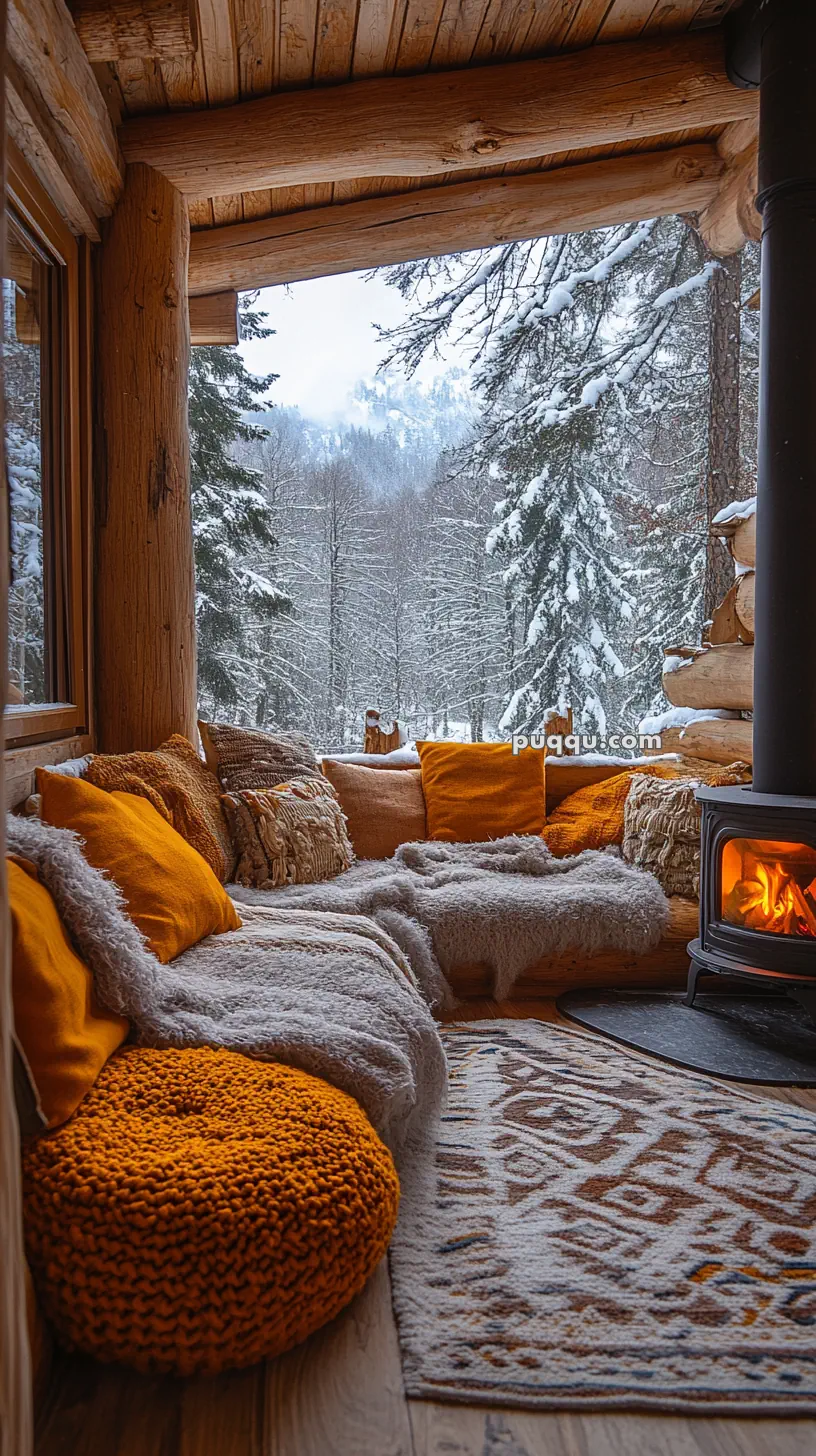 Cozy cabin interior with a view of snow-covered trees, featuring an orange and beige cushioned seating area, a patterned rug, and a lit fireplace.