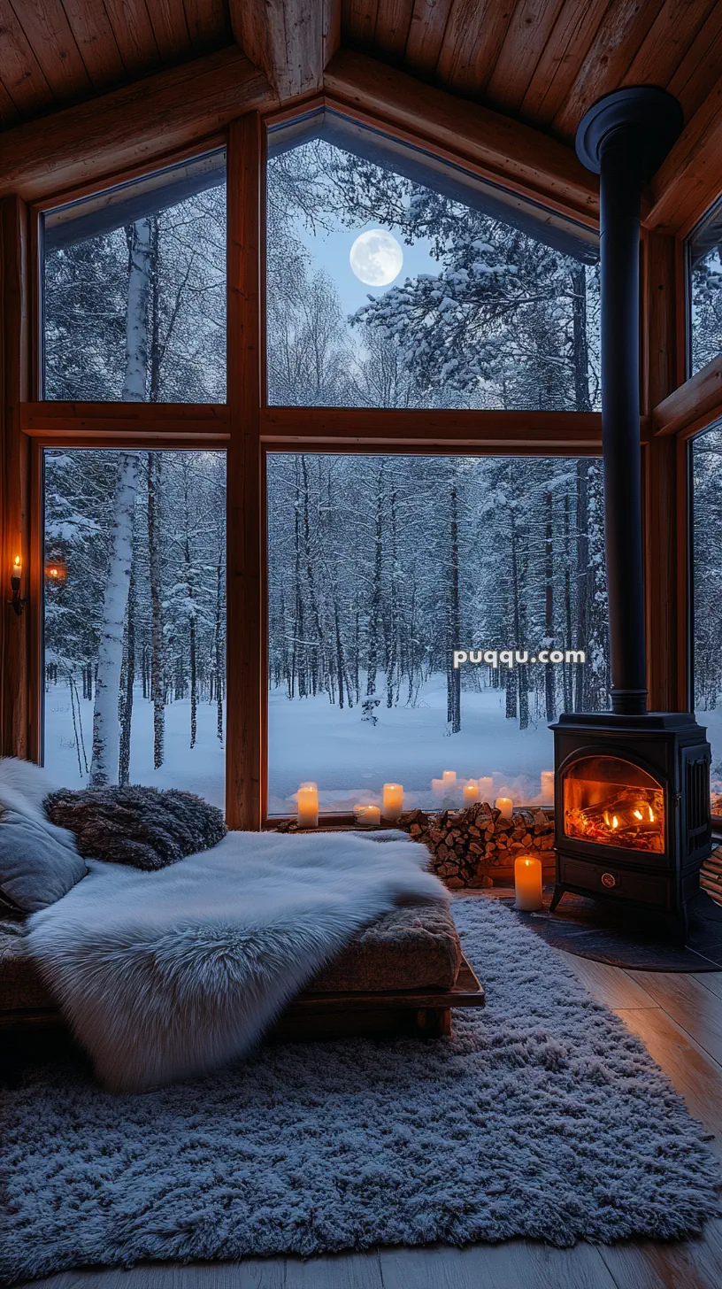 Cozy interior with a wood-burning stove, candles, and a large fur-covered couch, framed by a panoramic window showing a snowy forest and a full moon.