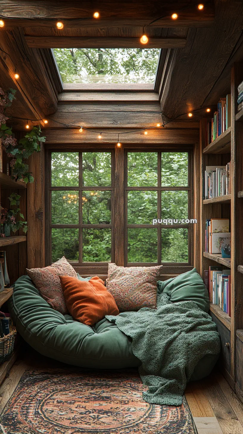 Cozy reading nook with a plush chair, pillows, blanket, bookshelves, string lights, and a skylight overlooking trees.