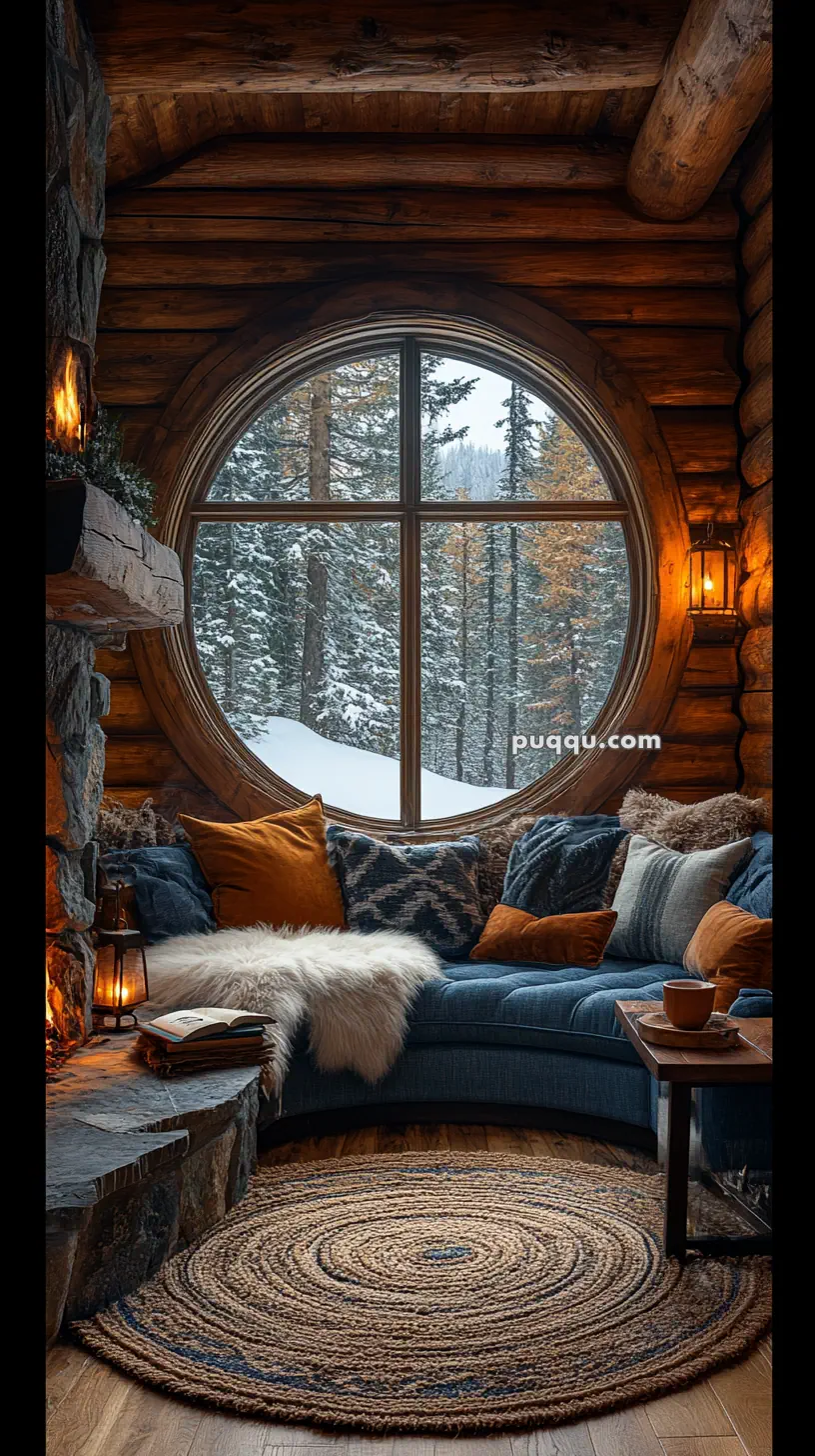 Cozy log cabin interior with a round window overlooking snowy trees, featuring a curved sofa with cushions, a fur throw, a circular rug, and a lit lantern.