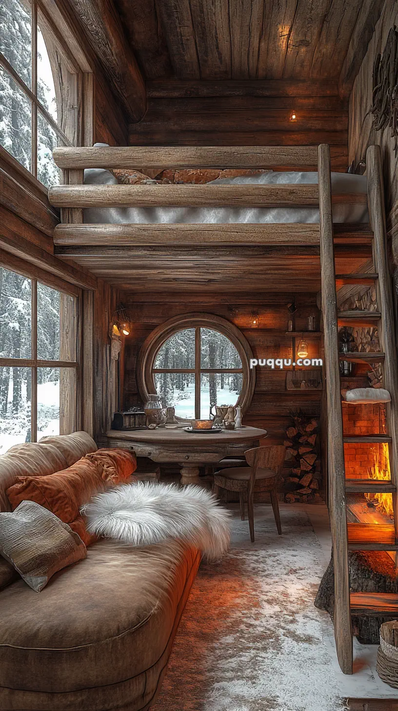 Cozy wood cabin interior with a loft bed, large circular window, sofa, fur rug, and a fireplace. Snowy forest visible through the window.