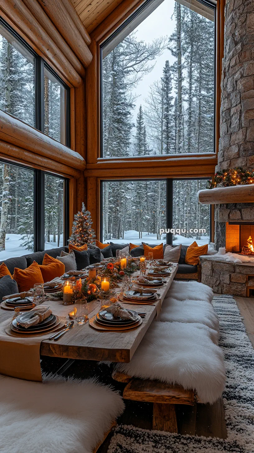 Cozy winter cabin interior with large windows overlooking a snowy forest, featuring a wooden dining table set for a festive meal, cushioned seating, a small decorated Christmas tree, and a roaring fireplace.