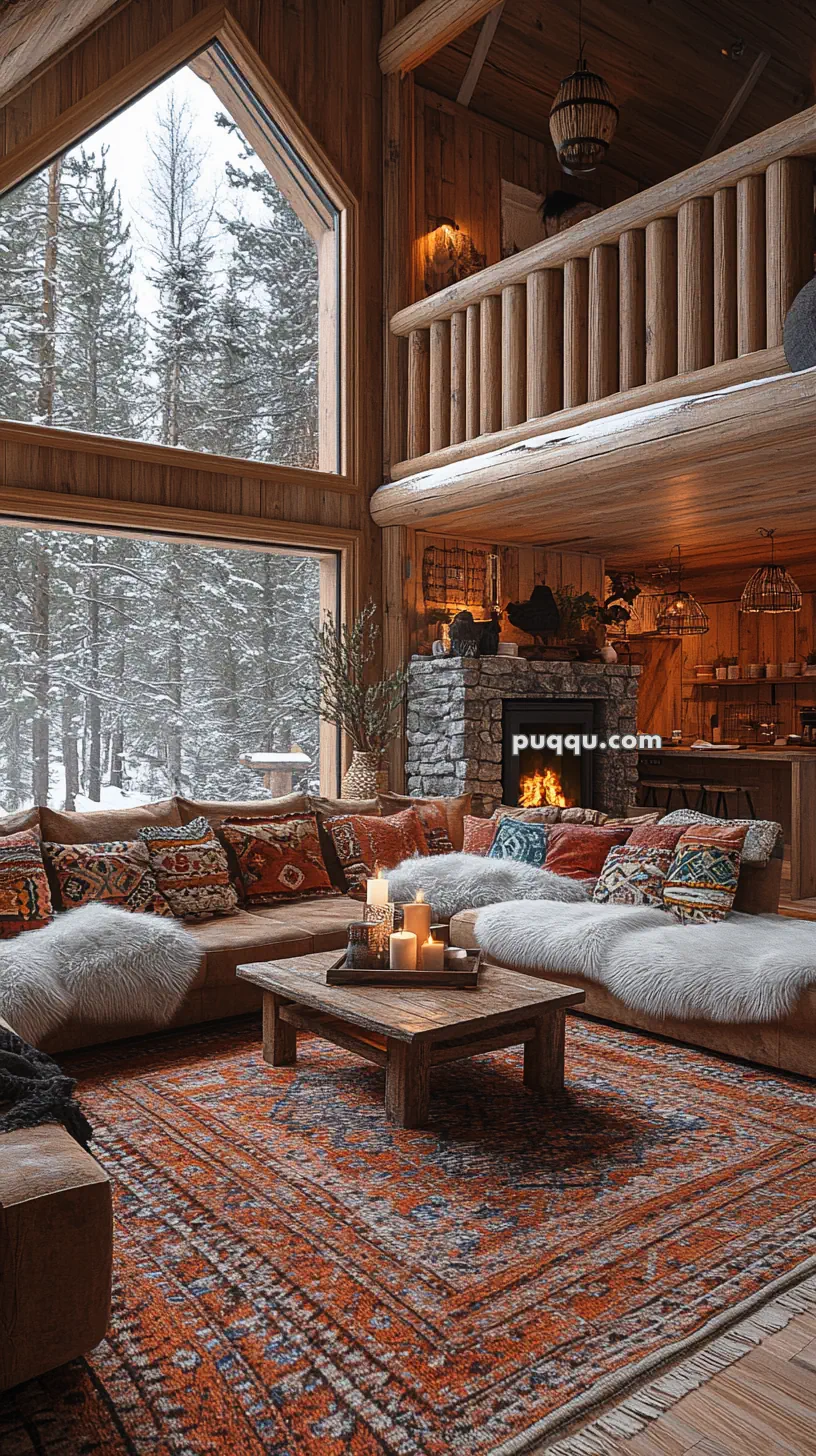 Cozy cabin living room with large windows, a stone fireplace, rustic wooden furniture, a plush sofa, colorful pillows, and lit candles. Snowy forest scenery outside.