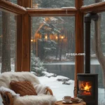 Cozy interior with a fur-covered chair, a table with a cup, and a wood-burning stove, overlooking a snowy forest scene through large windows.