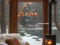 Cozy interior with a fur-covered chair, a table with a cup, and a wood-burning stove, overlooking a snowy forest scene through large windows.