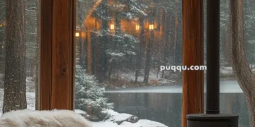 Cozy interior with a fur-covered chair, a table with a cup, and a wood-burning stove, overlooking a snowy forest scene through large windows.