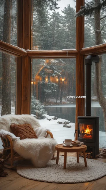 Cozy interior with a fur-covered chair, a table with a cup, and a wood-burning stove, overlooking a snowy forest scene through large windows.