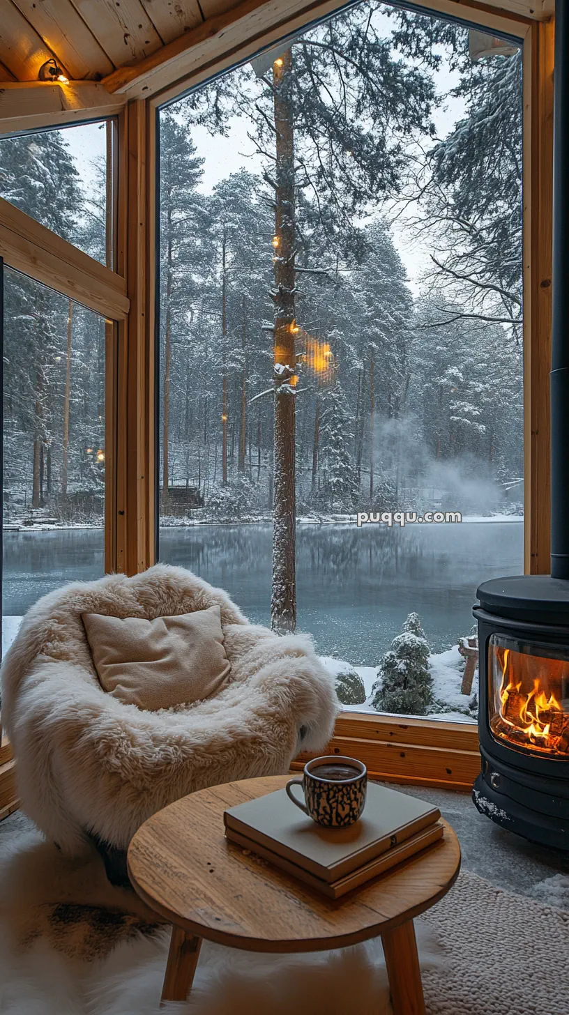 Cozy cabin interior with a fluffy chair, a wooden table holding a mug and books, beside a fireplace, overlooking a snow-covered forest and frozen lake.